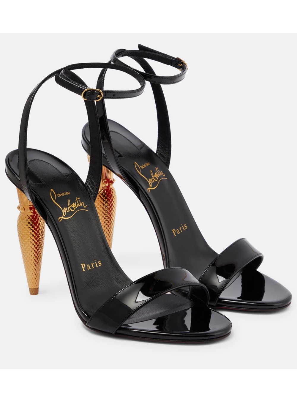 Christian Louboutin Black Patent Ankle-Strap Sandals with Gold Textured Heel